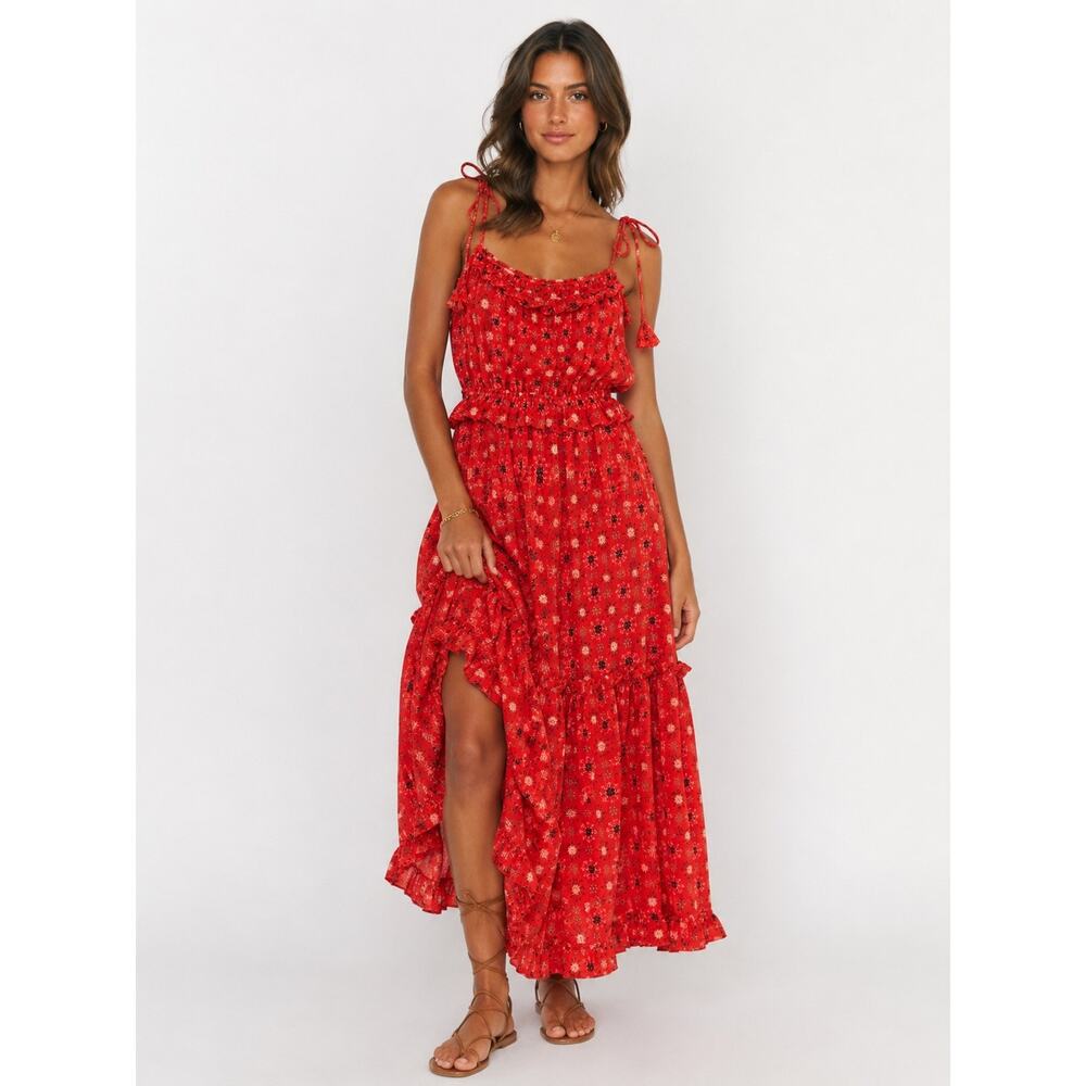 MISA Floral Tiered Maxi Dress Small Boho Tie Strap Ruffle Resort Vacation